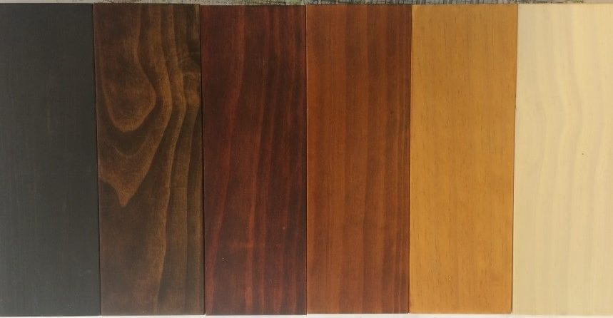 Stain finishes on Accoya. Note the “Shou Sugi Ban” aesthetic on the far left.