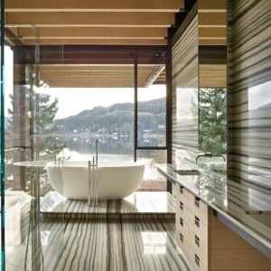 Whistler House Thermally broken steel window in bathroom of ski chalet