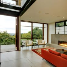 Wooden sliding doors with unique horizontal mullions in Asian-style home