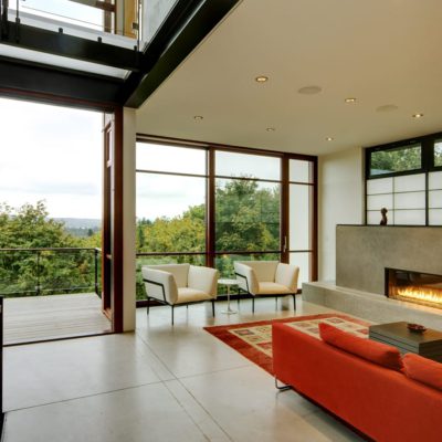 Wood lift and slide doors with unique horizontal mullions in Asian-style home