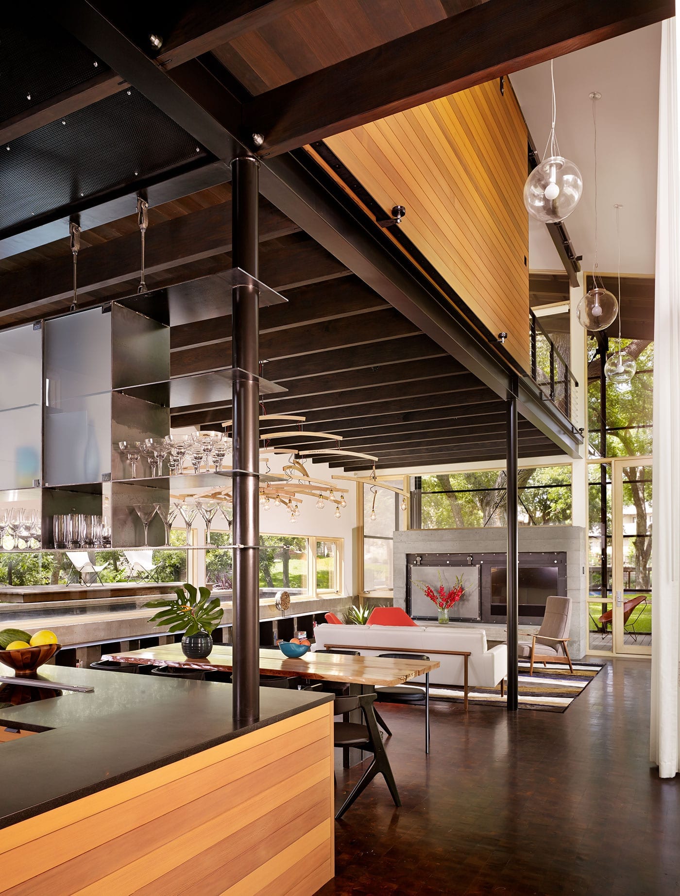 Kitchen view of modern lakefront home