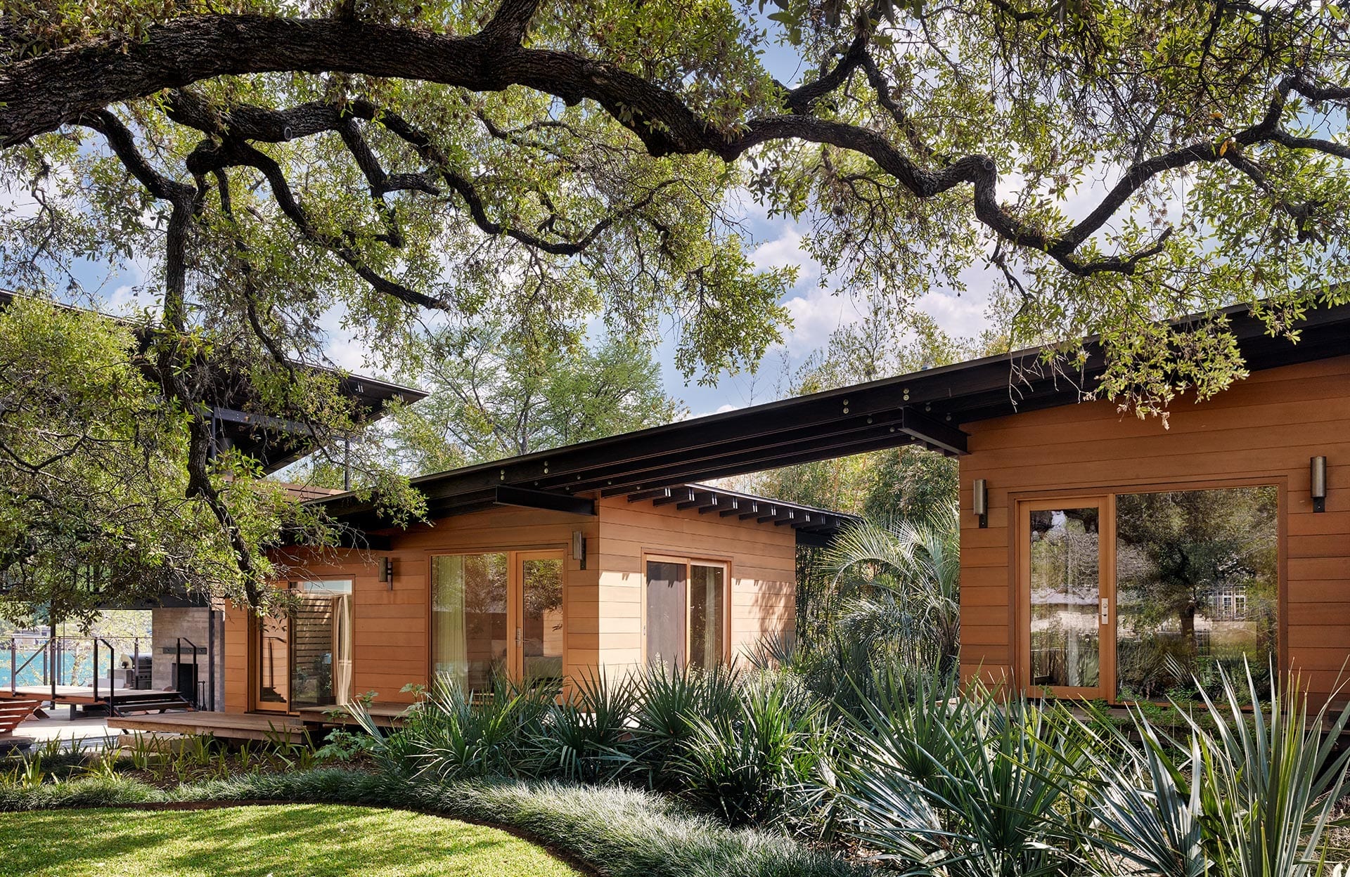 Modern lakefront house surrounded by trees