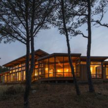 Long Dune night exterior Custom wood windows in modern home