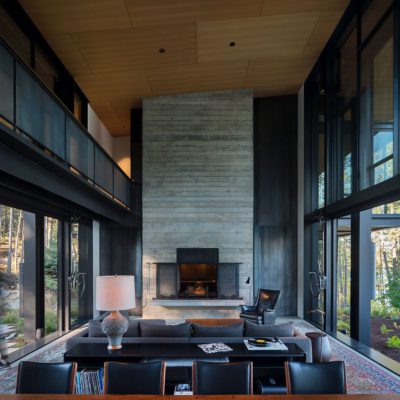 Massive dual vertical moving glass slabs in open position