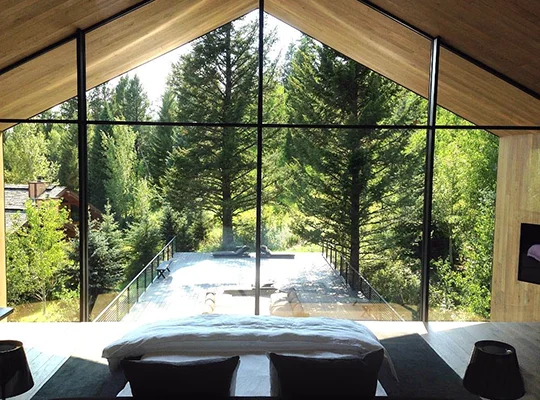 Picture Windows Matching wood sliding patio doors in modern home